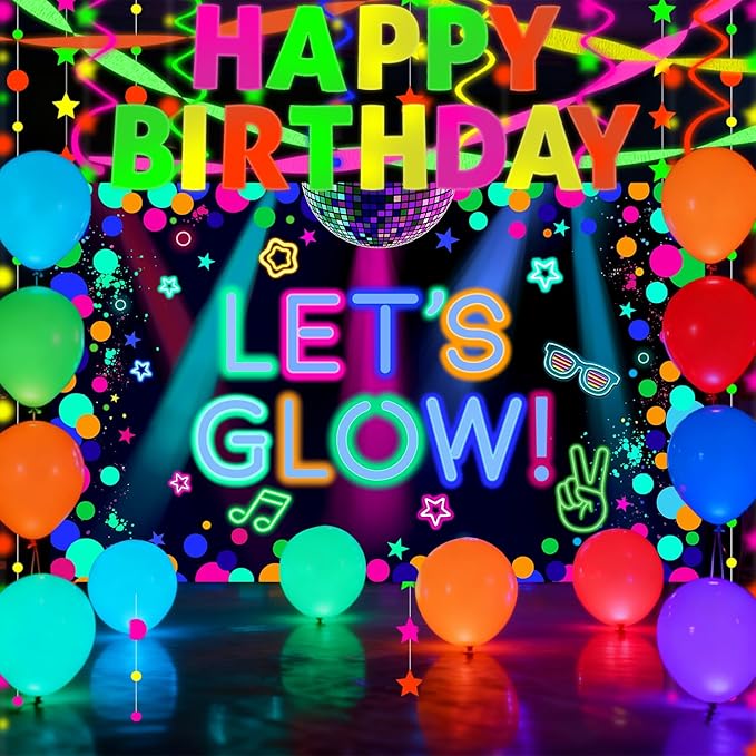 Glow in the Dark Party Supplies - Let’s Glow Backdrop, UV Banner, Balloons, Paper Streamers, Neon Garland for Blacklight Neon Birthday Party Decorations