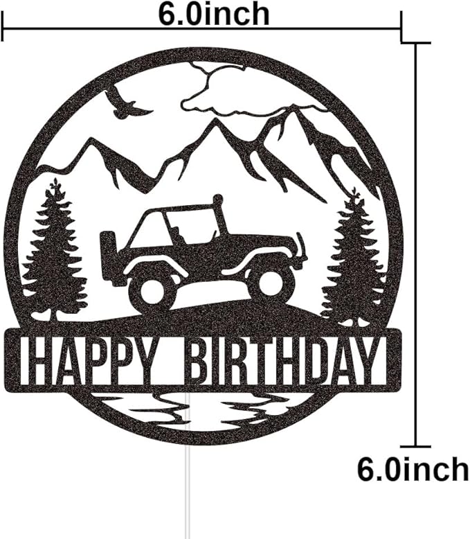 Off-road Vehicle Happy Birthday Cake Topper for Boys Men' Birthday Party Supplies, SUV Jeep Drivers Adventure Themed Cake Topper, Black Glitter
