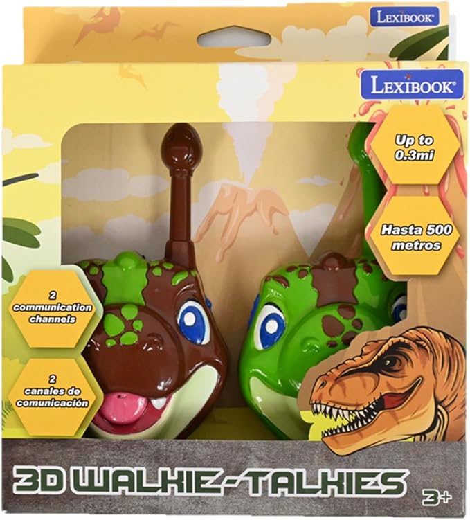 Lexibook, Dinosaur, Dinosaur 3D walkie-talkies, 500m Range, 2 Communication Channels, Belt Clip, Grey/Brown, TW18DINO