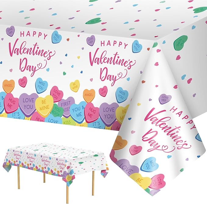 2 Pack Happy Valentines Day Tablecloth - Valentine's Day Tablecloths Plastic, Disposable Rectangle Colorful Love Heart Valentine Table Cloth Cover for Wedding Anniversary Party Decoration,54x108 Inch