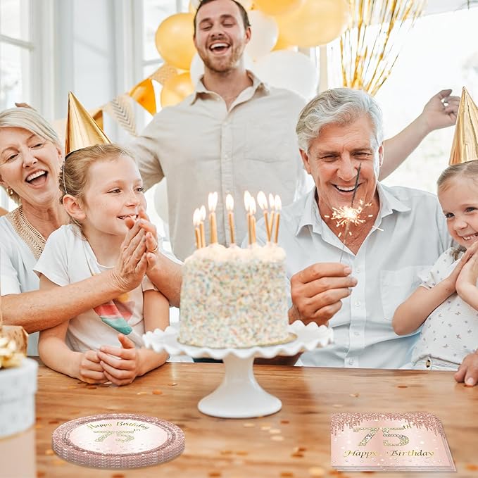 75th Birthday Decorations for Women,75th Birthday Party Plates and Napkins,Rose Gold 75 Year Old Party Theme Tableware 75 Party Table Decorations Supplies,Disposable 7'' Paper Plates, Napkins