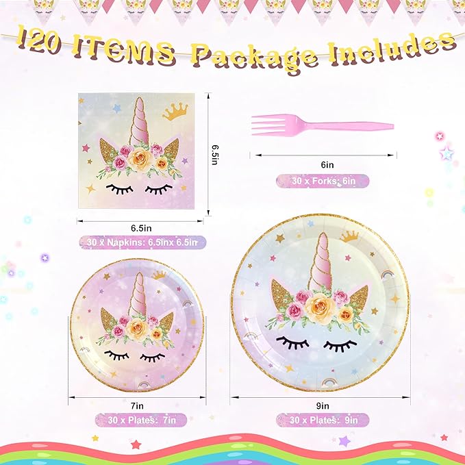 120PCS Unicorn Party Supplies Set, Serves 30 Guests Including Unicorn Paper Plates, Dessert Plates, Napkins, Forks,for Unicorn Themed Birthday Party Decoration, Unicorn Tableware