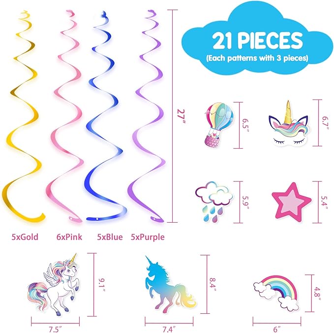 WERNNSAI Unicorn Hanging Swirls - 21PCS Rainbow Unicorn Birthday Decorations Ceiling Streamers for Girls Birthday Party Supplies Unicorn Theme Hanging Decor