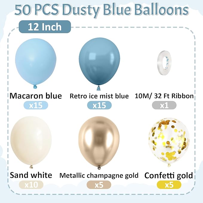 Paready Dusty Blue Balloons, 50 Pcs Gold White Balloons, 12 Inch Sand White Retro Ice Mist Macaron Metallic Champagne Gold Balloons for Bridal Shower Baby Party Decorations