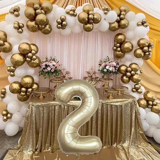 Champagne Gold 2 Balloons, 40 Inch Giant Metallic Helium Mylar Foil Number 0-9, Light Gold 2nd Birthday Balloon for Boys Girls, Morados Numero Two for Women Anniversary Party Decorations
