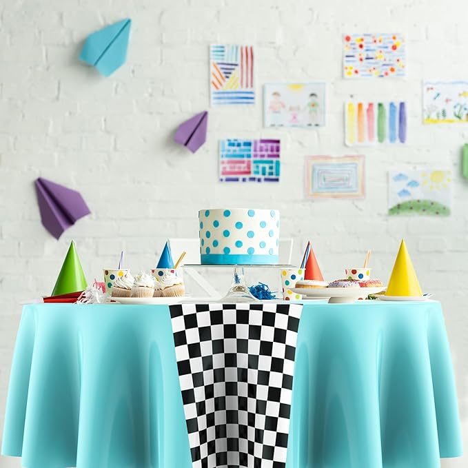 Oudain Cars Birthday Racing Decorations - Round Tablecloth, Checkered Flag Table Covers, Road Plastic Table Cloth, 1950s Disco Dancing Party Tablecloth (Blue,6 Pcs)