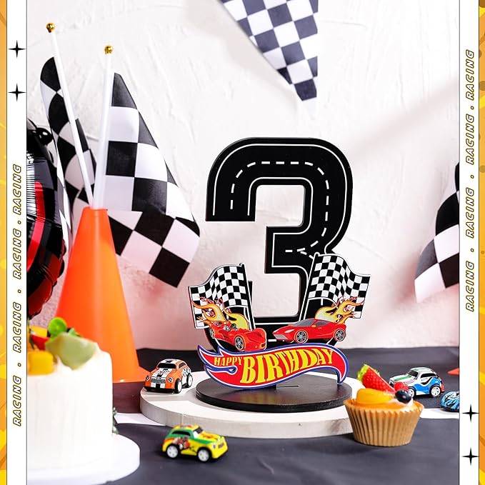 Race Car 3rd Birthday Number Sign Centerpiece Race Car Theme 3rd Birthday Party Supplies Wooden Table Decoration Photo Props for Boys Three Years Old