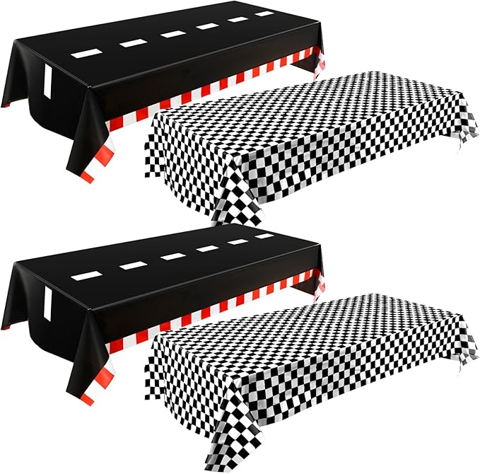 Breling 4 Packs Car Birthday Party Decorations Plastic Car Table Cloth Two Fast Disposable Race Road Checkered Party Supplies Race Theme Party Favors for Birthday, 54 x 108 Inch