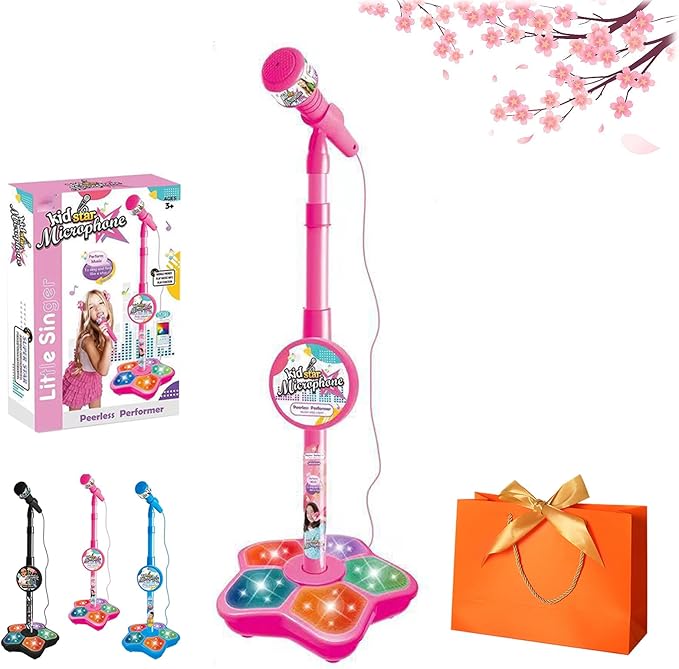 2026 New The All-in-One Microphone Toy, Kids Microphone with Stand Adjustable, Speaker & Led Lights, Move to Play Kids Karaoke Microphone for Singing, Boys & Girls, (Pink)