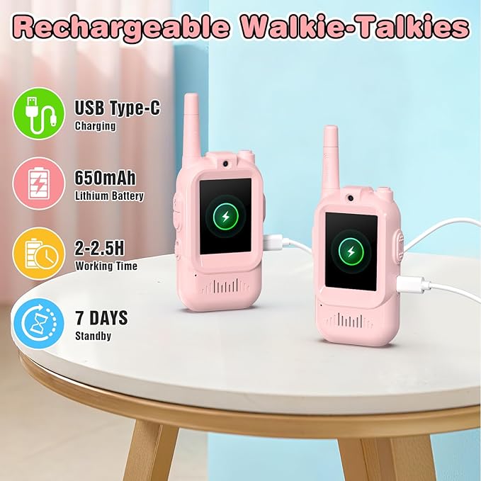 Video Walkie Talkies for Kids, 2 Pack Facetime Walkie Talkies with HD Camera & Voice Changer for Boys Girls for Family Games, Indoor, Outside, Hiking Christmas Birthday Toys Gift Ages 3-12 (Pink)