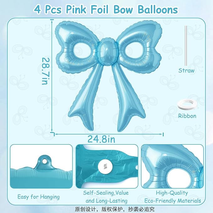 4 Pcs Blue Bow Balloons, 31”Huge Bow Aluminum Foil Balloons for Birthday, Baby Shower, Wedding, Bridal, Engagement, Bachelorette, Princess, Coquette Party Decorations Supplies