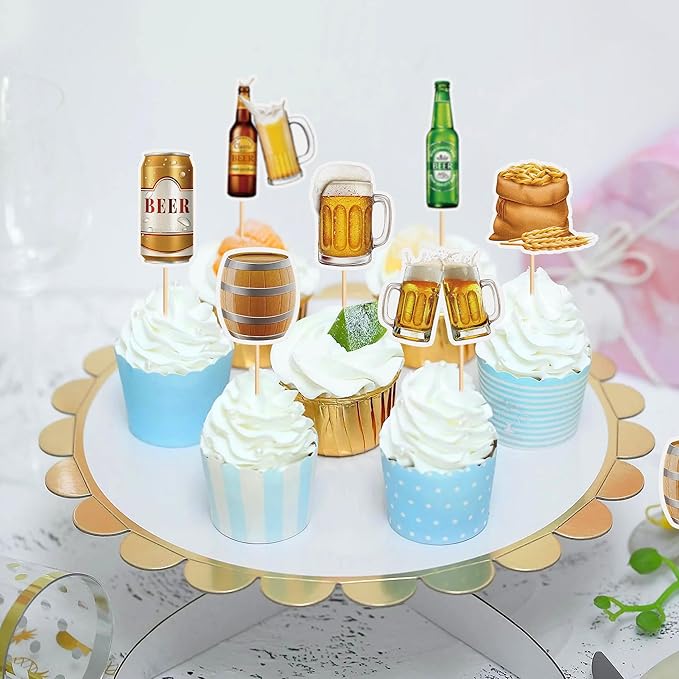 Ercadio 32 PCS Beer Party Cupcake Toppers Cheers and Beers Happy Birthday Decor for Beer Kegs Cake Topper Favor for Summer Family Party Decor Supplies