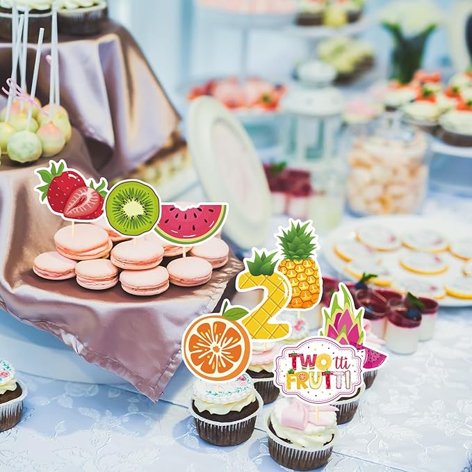 Twotti Fruity Birthday Decorations - 40PCS Tutti Frutti Cupcake Toppers 2nd Bday Decorations for Girl Fruit Themed Cupcake Picks Party Supplies Strawberry Watermelon Second Birthday Decor