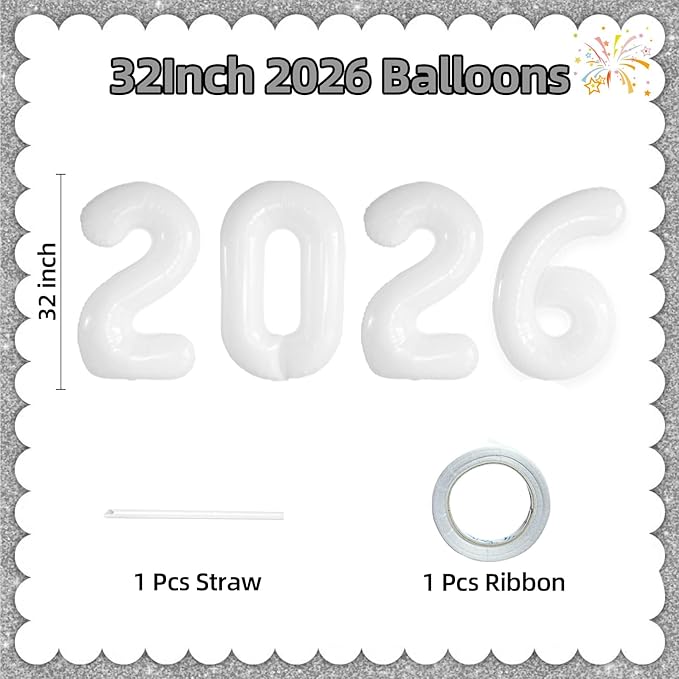 KALOR 32 Inch 2026 White Foil Number Balloons, 2026 New Years Decorations for 2026 Happy New Year Eve and Graduations Party Supplies