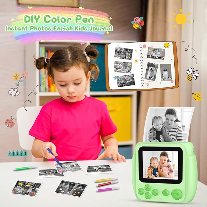 Kids Camera Instant Print, Birthday Gifts for Girls Boys with 3 Rolls Print Paper & 32GB Card, 48MP Toddler Digital Camera 1080P HD Video Toys Cameras for Kids 3-12, Green
