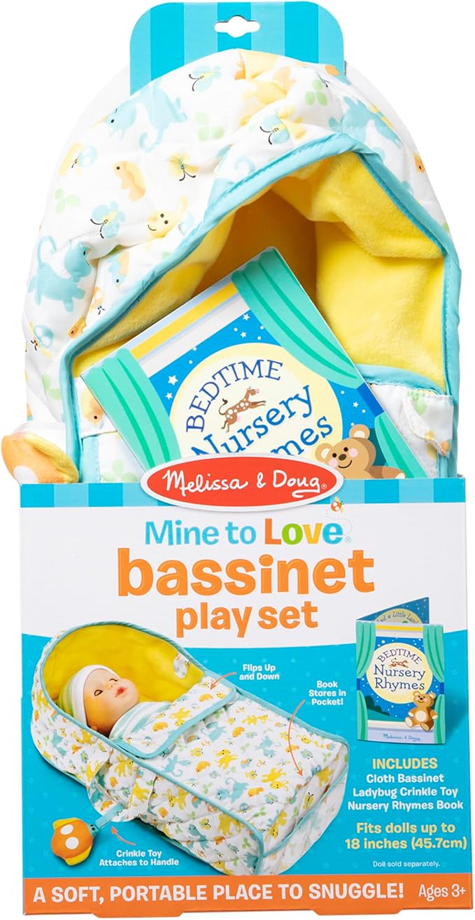Melissa & Doug Mine to Love Bassinet Play Set Portable Carrier for Dolls with Crinkle Toy, Nursery Rhyme Book