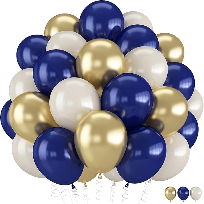 Navy Blue and Gold Balloons, 12 Inch Dark Blue and Gold Double Stuffed Pearl White Sand Balloons for New Year Graduation Mens Birthday Retirement Party Decorations