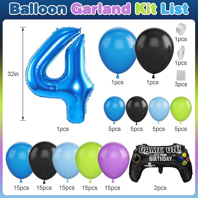 4th Birthday Video Game Balloons Arch, 4th Game Party Balloons Garland Kit 4th Game Birthday Supplies with Blue Number 4 Balloon for 4 Year Old Teens Boys Birthday Decor