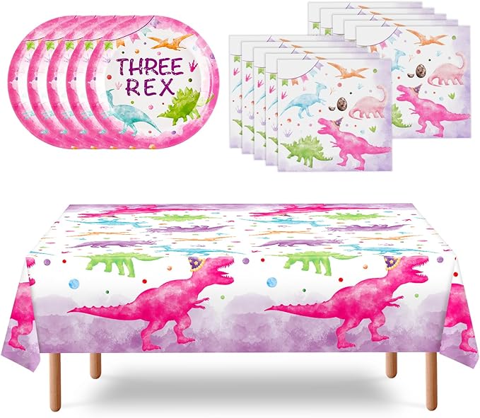 WERNNSAI Dinosaur 3rd Birthday Decorations - 33PCS Three Rex Plates Napkins Tablecloth Girl Dinosaur Party Decorations Three Rex Table Supplies for Kids Girls 3rd Birthday Party Serves 16 Guests
