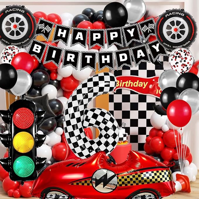 Race Car Birthday Party Decorations, with 40 Inch Number 6 Balloon, Happy Birthday Banner, Traffic Light and Foil Tire Balloon for 6th Car Themed Birthday Party Supplies