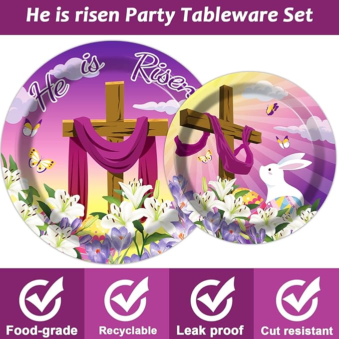 98 Pieces He is Risen Easter Party Decorations Easter He is Risen Tableware Set Religious Plates Napkins Tablecloth Christian Holiday Party Supplies Kit Tablecover Dinnerware Spring Favor