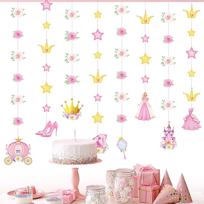 8 Pieces Floral Princess Party Decorations Princess Theme Garland Banners Pink Gold Castle Crown Carriage Paper Cutouts for Birthday Baby Shower Favors Classroom Supplies