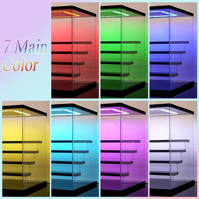 Clear Acrylic Display Case with Light , 6 Tier Multiple Color Lights Display Box Stand Assembly Dustproof Protection Showcase for Collectibles Action Figures (Black 6 Tier S 15.8*12.6*16.5in)