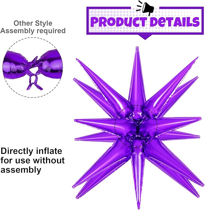 10 Pcs Purple Star Balloons Explosion Starburst Balloons Foil Cone Balloon Magic for Birthday Wedding Anniversary Party Backdrops Decorations Supplies, 6 Pcs 22Inches and 4 Pcs 27Inches