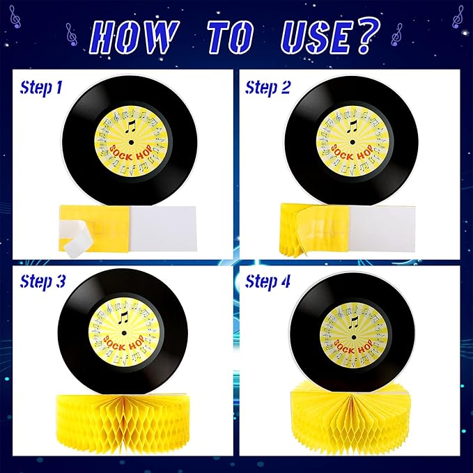 Jetec 9 Pieces Record Honeycomb Centerpieces 50s Sock Hop Party Decorations 70s Vinyl Rock and Roll Table Decor 3D Retro Music Table Centerpieces for 1950s Birthday Supplies Favors and Classroom Decor
