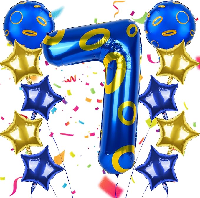 40 Inch Blue and Golden Ring Themed Number Balloon, Number Block Foil Number 7 Balloons Large Big Numbers Helium Balloon for Girls Boys 7th Birthday Theme Party Decorations (Number 7)