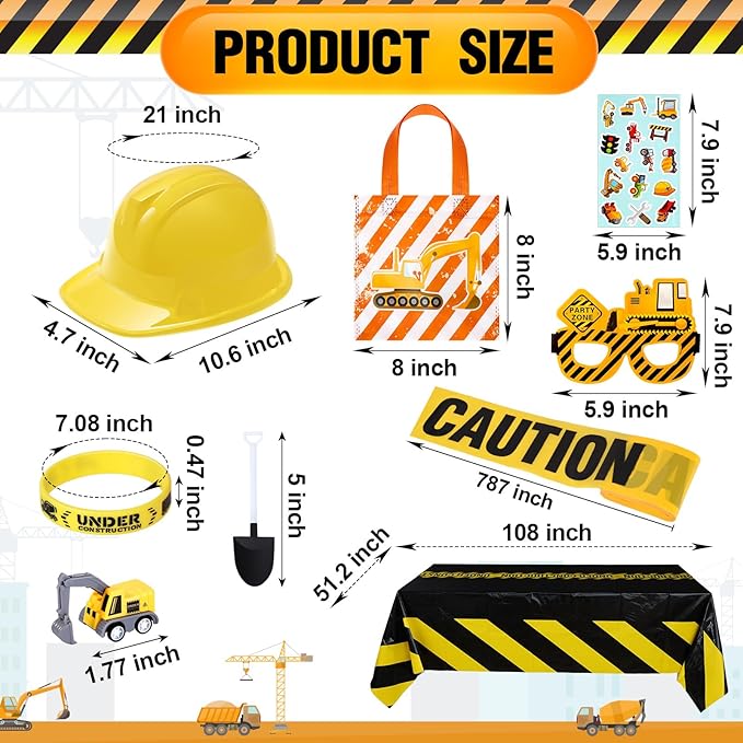 Sratte 148 Pcs Construction Birthday Party Supplies Include 12 Construction Hat, 24 Truck Toy, 24 Vehicle Sticker, 12 Silicone Bracelet, 12 Goodie Bag, 12 Paper Glasses, 50 Shovel, 1 Tablecloth 1 Tape