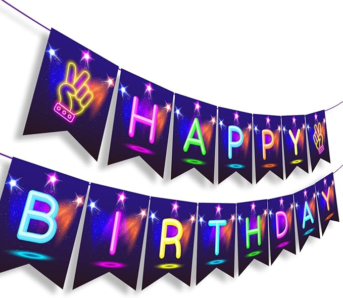 CC HOME Glow Happy Birthday Banner, Glow Party Decoration, Glow in The Dark Letters Theme Party Supplies Boys Girls Kids Home Classroom Baby Showers Birthday Party Decorations Club Bar Hanging Flags