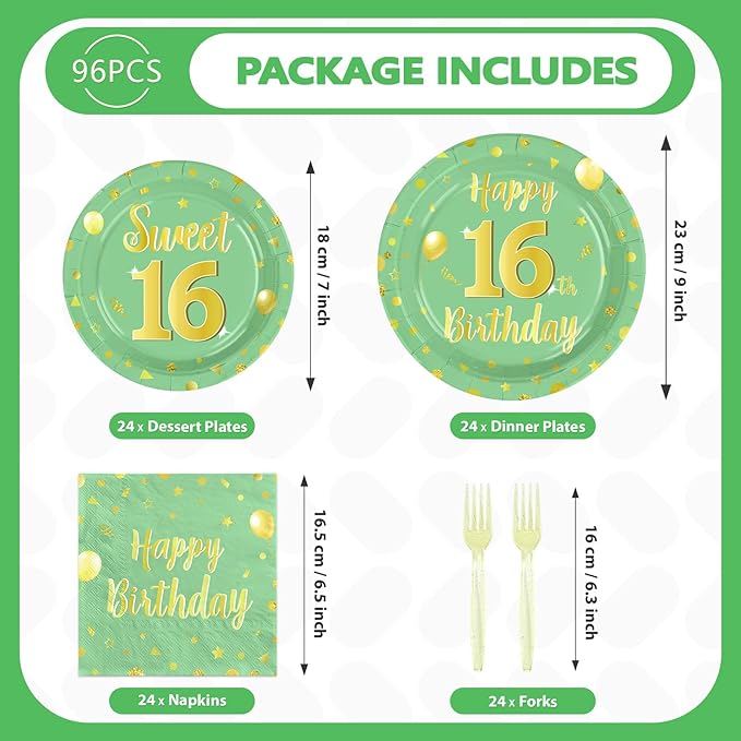 96 Pcs Sweet 16 Happy Birthday Party Decoration Sage Green and Gold Plates and Napkins Sweet 16th Birthday Tableware Set for Boy Girl 16 Years Party Supplies, Serves 24