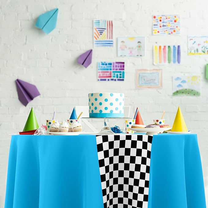 Oudain 3 Pcs Cars Birthday Party Supplies Racing Party Decorations Round Racing Tablecloth Checkered Flag Table Covers Road Plastic Table Cloth, 1950s Disco Dancing Party Tablecloth (Light Blue)