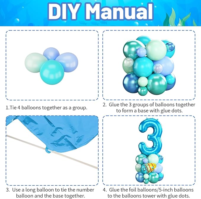 Blue Number 3 Balloon 40 Inch Ocean Under the Sea Number Three Foil Balloons Tower with Shark Bubble Fish for Boys Third 3rd Birthday Party Decor Green Underwater Digital Aluminum Balloons Stack