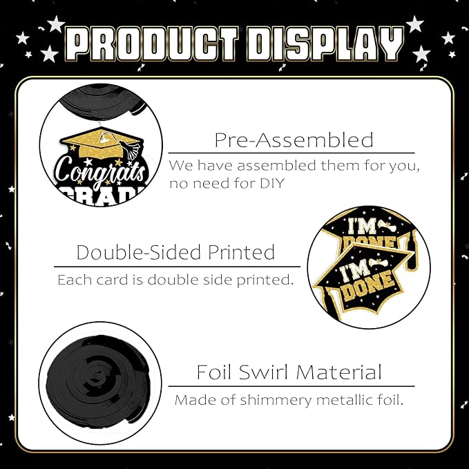 2026 Graduation Party Decorations - 30 Pcs Black Gold Class of 2026 Congrats Grad Hanging Swirl Ceiling Decor for Home School Classroom Graduation Party Supplies