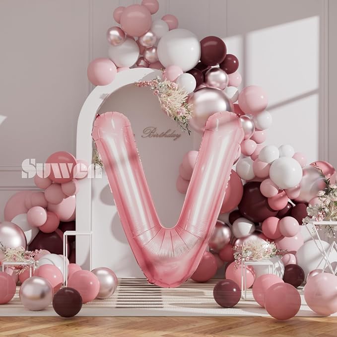 SUWEN 40 Inch Pink Large V Letter Balloons Big Foil Helium Letter Balloons A-Z Jumbo Mylar Happy Birthday Party Decorations for Girl Anniversary Party Supplies