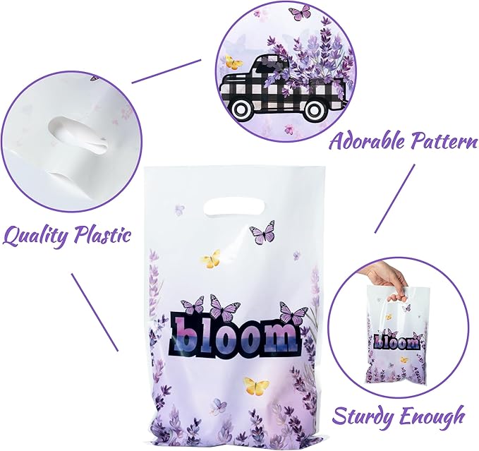 50Pcs Lavender Bloom Party Favor Bags - Blossom Purple Flower Plastic Waterproof Goodie Bag Butterfly Floral Spring Gift Party Favor for Kids Birthday Baby Shower Decoration Supplies