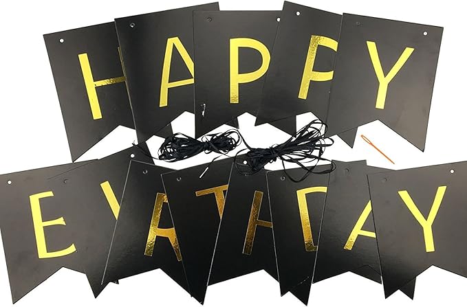 FECEDY Black Happy Birthday Bunting Banner with Shiny Gold Letters Party Supplies
