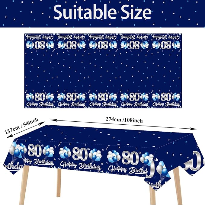 3 Pack Blue Silver 80th Birthday Tablecloth Decorations for Men, Navy Blue Happy 80 Table Cover Party Supplies, Eighty Years Birthday Disposable Rectangular Table Cloth for Indoor Outdoor