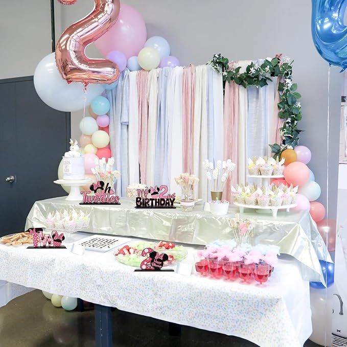 TONIFUL Pink Mouse 2nd Birthday Party Supplies 2nd Table Centerpieces Pink Mouse Theme Design Sturdy Wooden for Girl TWO Years Old Birthday Favors 2nd Birthday Party Decorations(4 Pcs)