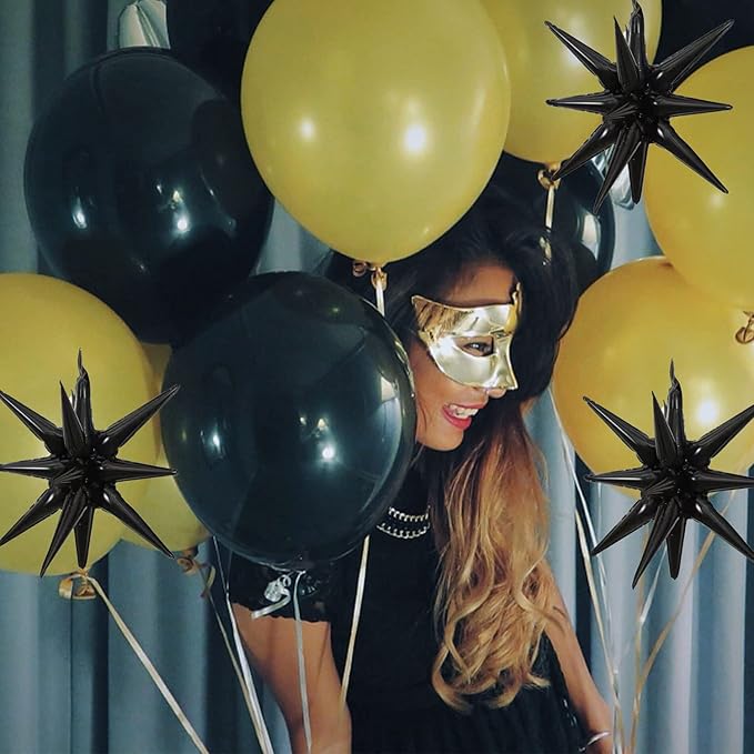 6 Pcs Black Star Foil Balloons One-Piece 14-Pointed Star Balloon 4D Cone Mylar 22inch Christmas Birthday Wedding Fireworks Shape Party Supplies (Black)