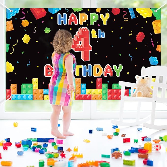 Panelee Building Block Birthday Banner Building Blocks Party Backdrop Decoration Happy Birthday Banner Photography Background for Party, 72.8 x 43.3 Inch (Black,4th)