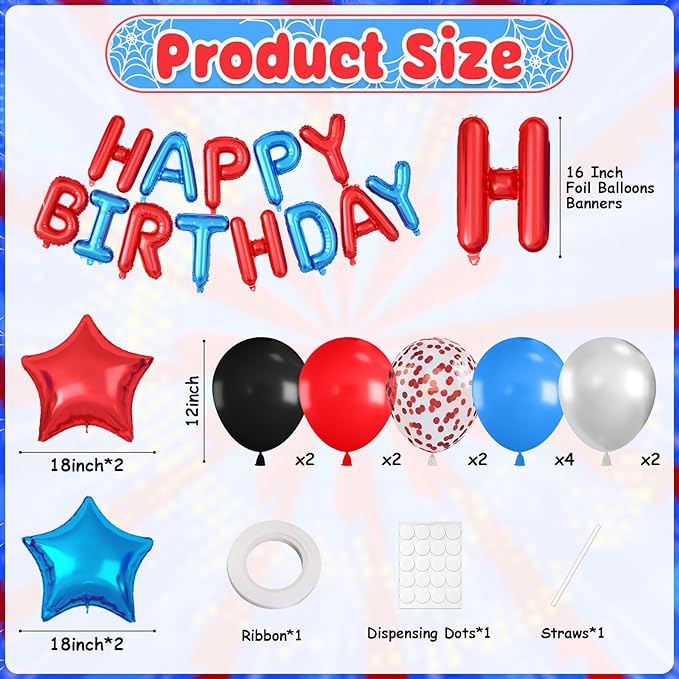 29PC Blue and Red Happy Birthday Balloon Banner, 16Inch 3D Aluminum Letter Banner Sign, Red Blue and Silver Balloons 18 Inch Star Foil Balloon for Women, Men Party Supply