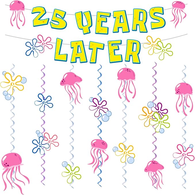 25 Years Later Birthday Banner Carton Sponge Banner Jelly Fish Hanging Swirls Garlands Sea Animals Hanging Banner for Birthday Party Decorations Supplies Party Favors