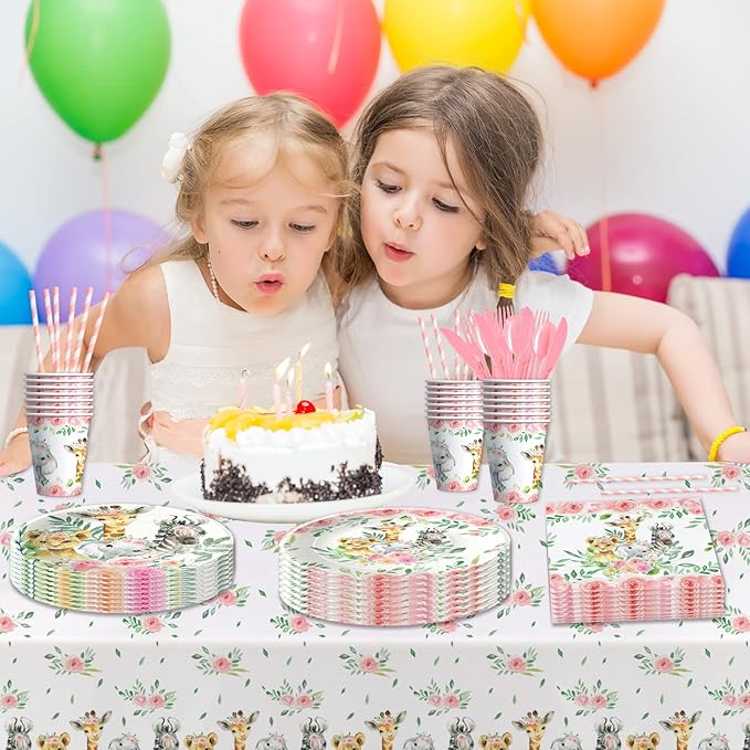 Safari Birthday Decorations Tableware Girl, Jungle Theme Party Supplies, Plate, Cup, Napkin, Tablecloth, Cutlery, Straw, Safari Jungle Animal Birthday Baby Shower Party Decorations | Serve 24