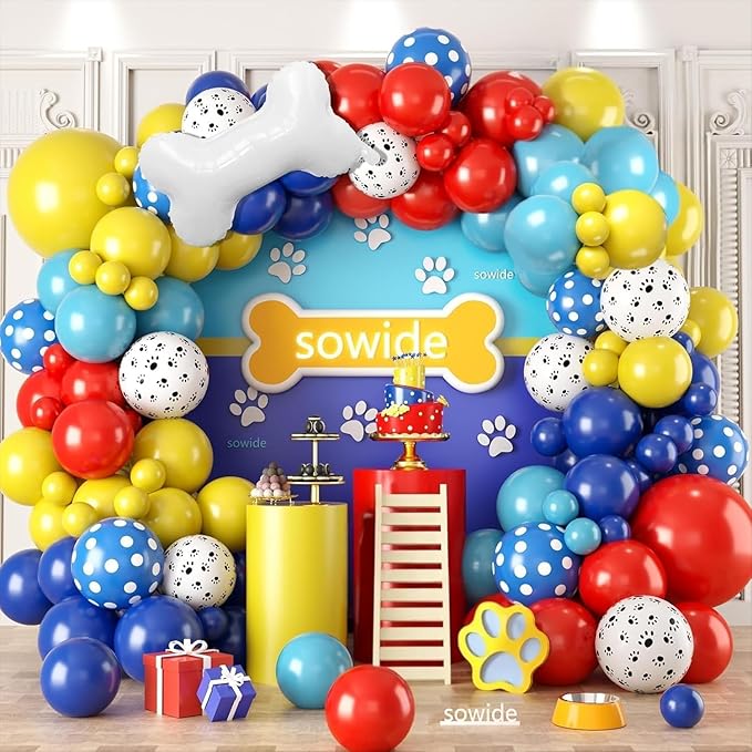 Dog Balloon Arch Kit, Red Blue Yellow Paw Print Balloons Garland Kit with Animal Bone Paw Foil Balloons for Cartoon Dog Themed Birthday Paw Birthday Party Decorations
