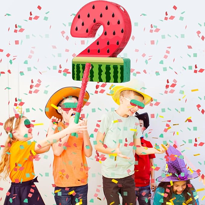 Watermelon Piñata Fruit Number 2 Red Watermelon 2nd Birthday Piñata with Bat Stick Blindfold Mask Confetti for Summer Birthday Party Supplies(2)