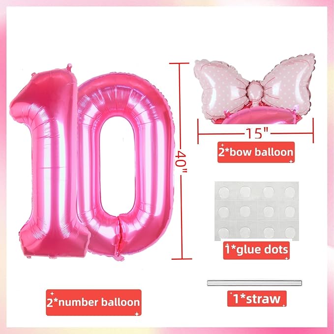 40 Inch Pink Number 10 Balloon with Mini Bow Balloon for Girls 10th Birthday Party Decorations, Pink Princess Western Cowgirl Theme Sweet Ten Birthday Party Balloons Decorations Supplies Favors