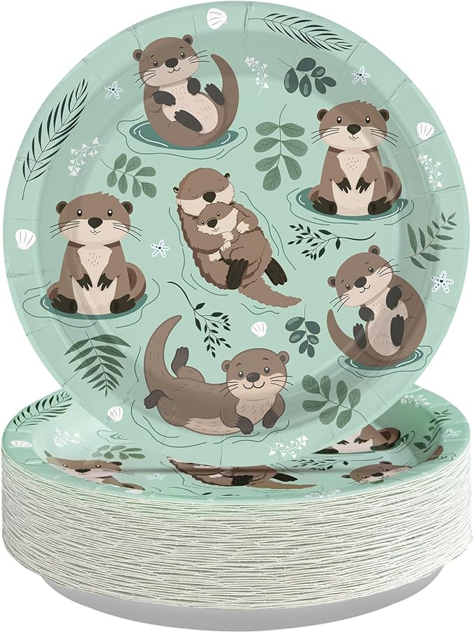 50Pcs Otter Party Supplies 7" Sea Otters Paper Plates Disposable Sea and River Little Otter Platter for Kids Birthday Baby Shower Ocean Animal Theme Party Favors